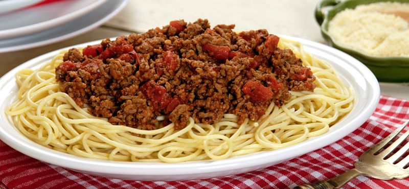 Spaghetti pasta in a delicious meat sauce, is great for any night of the week. 
