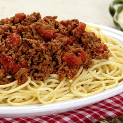 Spaghetti pasta in a delicious meat sauce, is great for any night of the week. 