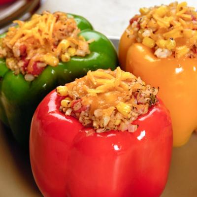 Rice, corn, and cheese make a yummy filling to complement the flavor of the pepper.